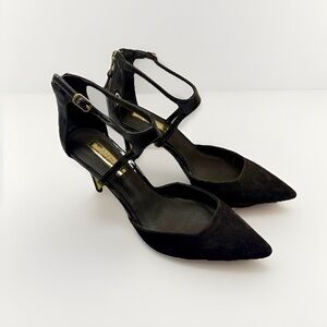 Lauren Ralph Lauren Black Suede Patent Leather Ankle Strap Heels